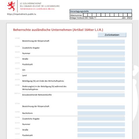 Aperçu du document Sociétés étrangères contrôlées (article 164ter L.I.R.) Beherrschte ausländische Unternehmen (Artikel 164ter L.I.R.) Controlled foreign companies (article 164ter L.I.R.) — Déclarations téléchargeables au format PDF (pour les années 2021 à 2025), Luxembourg (CERFA n°sec-d)