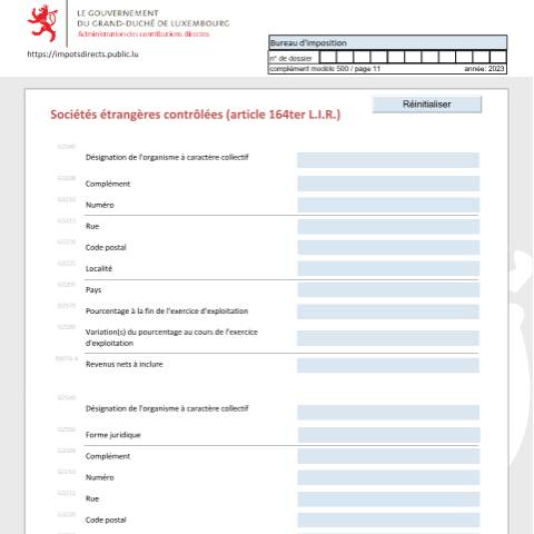 Aperçu du document Sociétés étrangères contrôlées (article 164ter L.I.R.) Beherrschte ausländische Unternehmen (Artikel 164ter L.I.R.) Controlled foreign companies (article 164ter L.I.R.) — Déclarations téléchargeables au format PDF (pour les années 2021 à 2025), Luxembourg (CERFA n°sec-f)
