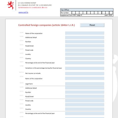 Aperçu du document Sociétés étrangères contrôlées (article 164ter L.I.R.) Beherrschte ausländische Unternehmen (Artikel 164ter L.I.R.) Controlled foreign companies (article 164ter L.I.R.) — Déclarations téléchargeables au format PDF (pour les années 2021 à 2025), Luxembourg (CERFA n°sece)