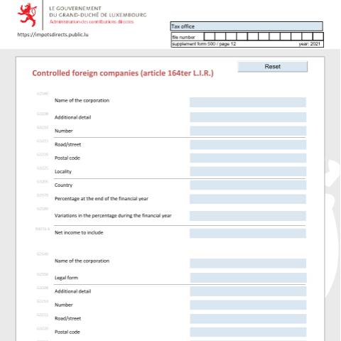 Aperçu du document Sociétés étrangères contrôlées (article 164ter L.I.R.) Beherrschte ausländische Unternehmen (Artikel 164ter L.I.R.) Controlled foreign companies (article 164ter L.I.R.) — Déclarations téléchargeables au format PDF (pour les années 2021 à 2025), Luxembourg (CERFA n°SEC-E)