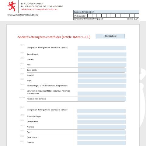 Aperçu du document Sociétés étrangères contrôlées (article 164ter L.I.R.) Beherrschte ausländische Unternehmen (Artikel 164ter L.I.R.) Controlled foreign companies (article 164ter L.I.R.) — Déclarations téléchargeables au format PDF (pour les années 2021 à 2025), Luxembourg (CERFA n°SEC_F)