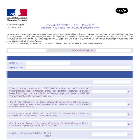 Aperçu du document Déclaration relative à la sous-traitance des entreprises de transport routier de marchandises — Professionnels, France (CERFA n°14605*01)