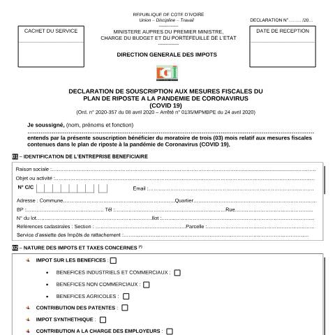 Aperçu du document DECLARATION DE SOUSCRIPTION COVID 19 — Imprimé / Formulaire fiscal, Côte d'Ivoire