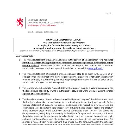 Aperçu du document en Financial statement of support for a student — Immigration tiers etudiant, Luxembourg (CERFA n°etudiant-prise-charge-financiere)