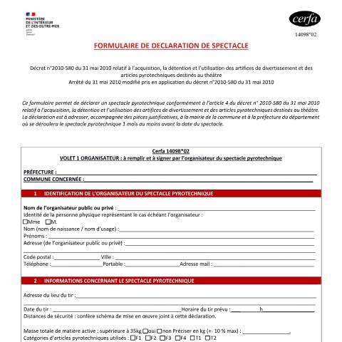 Aperçu du document Déclaration de spectacle pyrotechnique — Professionnels, France (CERFA n°14098*02)