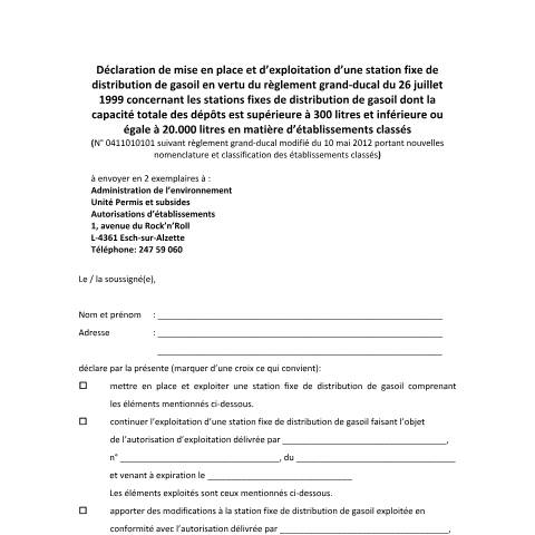 Aperçu du document Station de distribution de gasoil - Déclarations de mise en place et d’exploitation d’un établissement de la classe 4 — Etablissements classes, Luxembourg (CERFA n°declaration-station-distribution-gasoil)