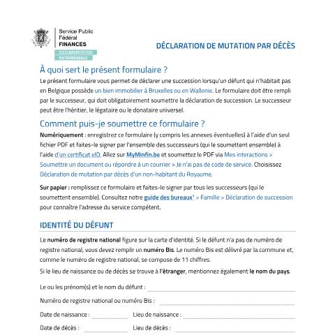 Aperçu du document Formulaire « Mutation par décès » pour un défunt qui résidait à l’étranger — Le défunt résidait à l’étranger, Belgique (CERFA n°20260120-1872-declaration-mutation-par-deces-numerique-impression)