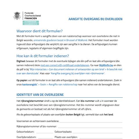 Aperçu du document Formulier ‘Overgang bij overlijden’ voor een overledene die in het buitenland woonde — De overledene woonde in het buitenland, Belgique (CERFA n°20260120-1872-aangifte-overgang-bij-overlijden-print)