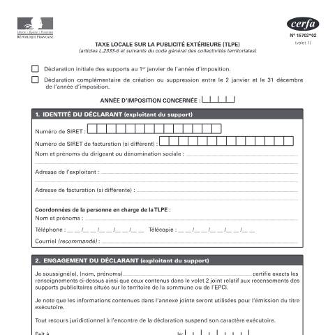 Aperçu du document Déclaration des supports publicitaires pour la TLPE — Professionnels, France (CERFA n°15702*2)
