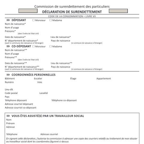 Aperçu du document Déclaration de surendettement — Particuliers, France (CERFA n°13594*02)