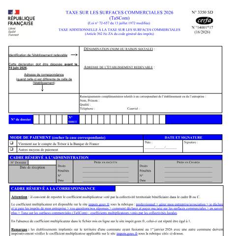 Aperçu du document Déclaration pour la taxe sur les surfaces commerciales (Tascom) — Professionnels, France (CERFA n°14001*17)