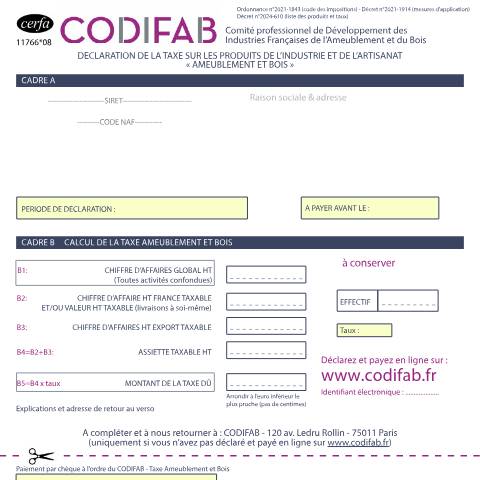 Aperçu du document Déclaration de la taxe ameublement et bois (CODIFAB) — Professionnels, France (CERFA n°11766*08)