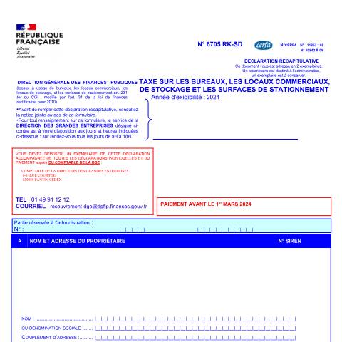 Aperçu du document Déclaration pour la taxe annuelle sur les bureaux auprès de la DGE (formulaire n° 6705-RK) — Professionnels, France (CERFA n°11857*08)