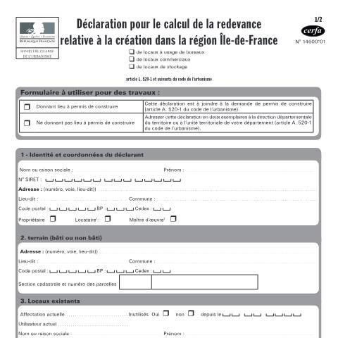 Aperçu du document Déclaration pour le calcul de la taxe relative à la création de bureaux et locaux commerciaux en Île-de-France — Professionnels, France (CERFA n°14600*01)