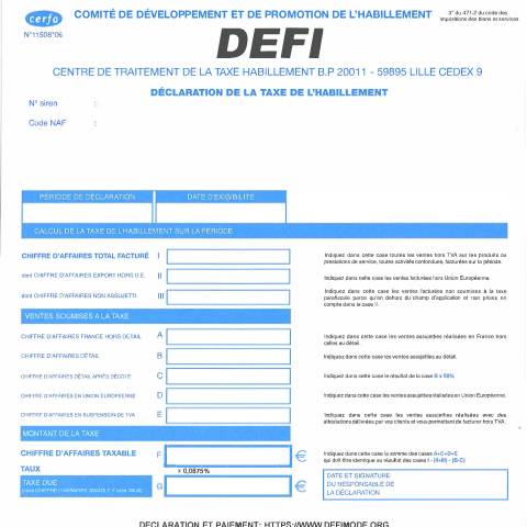 Aperçu du document Déclaration de la taxe de l'habillement — Professionnels, France (CERFA n°11508*06)