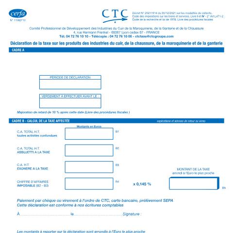 Aperçu du document Déclaration de la taxe pour le développement des industries du cuir, de la chaussure, de la maroquinerie, de la ganterie — Professionnels, France (CERFA n°11063*10)