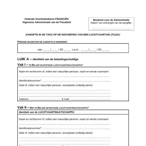 Aperçu du document dit formulier (PDF, 217.26 KB) — Hoe moet ik de taks aangeven?, Belgique (CERFA n°124-taks-inscheping-luchtvaartuig)