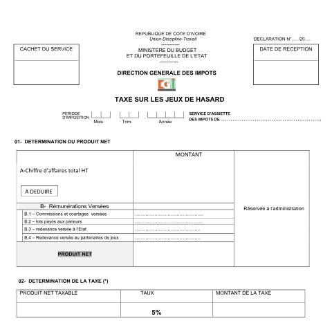 Aperçu du document TAXE SUR LES JEUX DE HASARD — Imprimé / Formulaire fiscal, Côte d'Ivoire