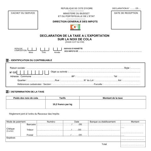Aperçu du document TAXE SUR LA NOIX DE COLA — Imprimé / Formulaire fiscal, Côte d'Ivoire