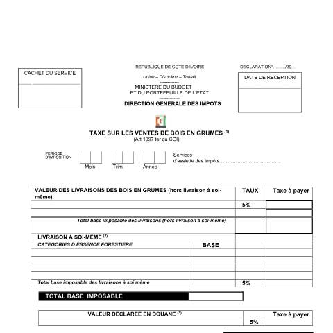 Aperçu du document IMPRIME TAXE SUR LES VENTES DE BOIS GRUME — Imprimé / Formulaire fiscal, Côte d'Ivoire
