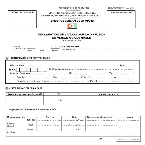 Aperçu du document TAXE VOD — Imprimé / Formulaire fiscal, Côte d'Ivoire