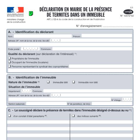 Aperçu du document Déclaration de la présence de termites dans un logement ou immeuble — Particuliers, France (CERFA n°12010*02)