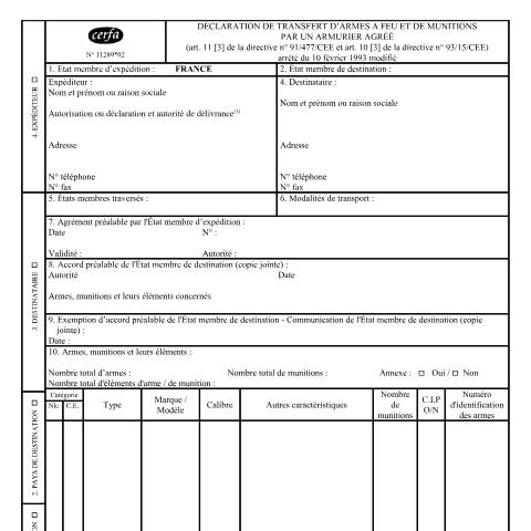Aperçu du document Déclaration de transfert d'armes à feu et de munitions par un armurier agréé — Particuliers, France (CERFA n°11289*02)