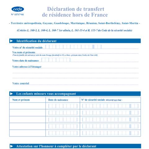 Aperçu du document Déclaration de transfert de résidence hors de France — Particuliers, France (CERFA n°15717*01)
