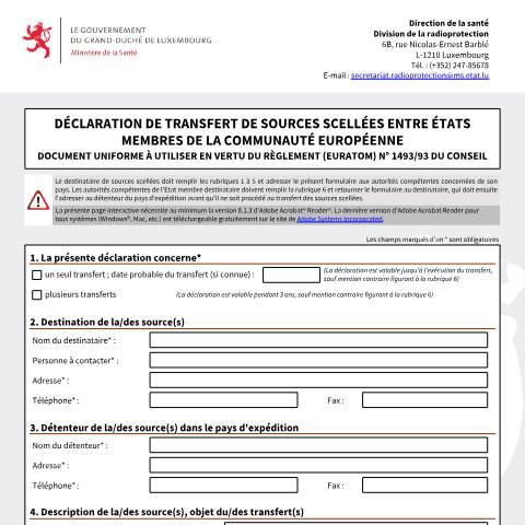 Aperçu du document Déclaration de transfert de sources scellées entre États membres de la Communauté européenne — Import export, Luxembourg (CERFA n°decla-transfert-sources-scellees-ce)