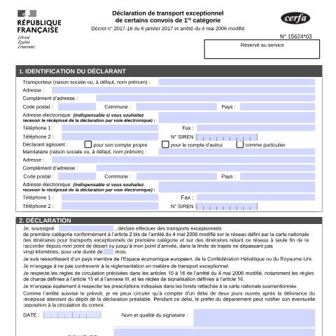 Aperçu du document Déclaration de transport exceptionnel de 1re catégorie — Professionnels, France (CERFA n°15624*03)