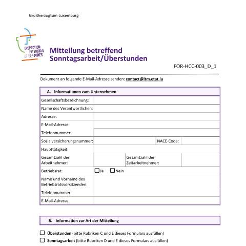 Aperçu du document de Mitteilung betreffend Sonntagsarbeit/Überstunden — Salaires, Luxembourg (CERFA n°FOR-HCC-003-D-1)