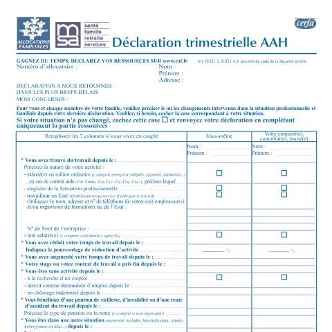 Aperçu du document Déclaration trimestrielle AAH auprès de la Caf ou MSA — Particuliers, France (CERFA n°14208*01)
