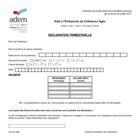 Aperçu du document Aide à l’embauche de chômeurs âgés - déclaration trimestrielle — Aides, Luxembourg (CERFA n°cha-trim)