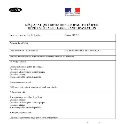 Aperçu du document Déclaration trimestrielle d'activité d'un dépôt spécial de carburants d'aviation — Professionnels, France (CERFA n°13814*03)