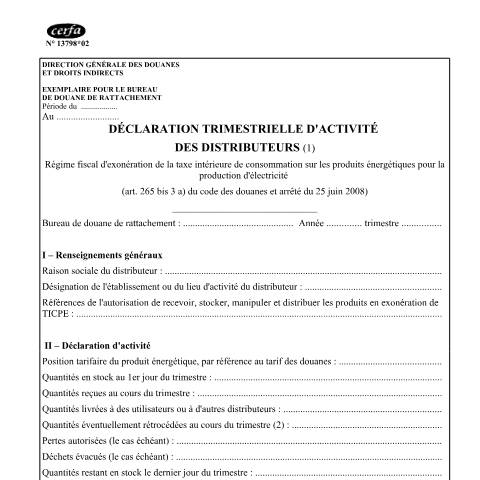 Aperçu du document Déclaration trimestrielle d'activité des distributeurs (électricité) — Professionnels, France (CERFA n°13798*02)