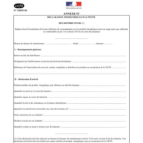 Aperçu du document Déclaration trimestrielle d'activité des distributeurs (usage autre que carburant ou combustible) — Professionnels, France (CERFA n°15935*01)