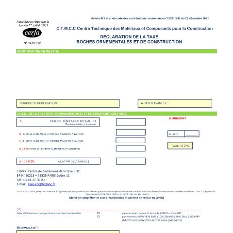 Aperçu du document Déclaration trimestrielle de la taxe roches ornementales et de construction — Professionnels, France (CERFA n°14101*05)