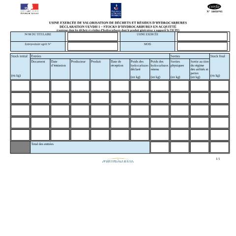 Aperçu du document Déclaration UEVDH1 - Stocks d'hydrocarbures en acquitté contenus dans déchets et résidus d'hydrocarbures dont le produit générateur a supporté la TICPE — Professionnels, France (CERFA n°16056*01)