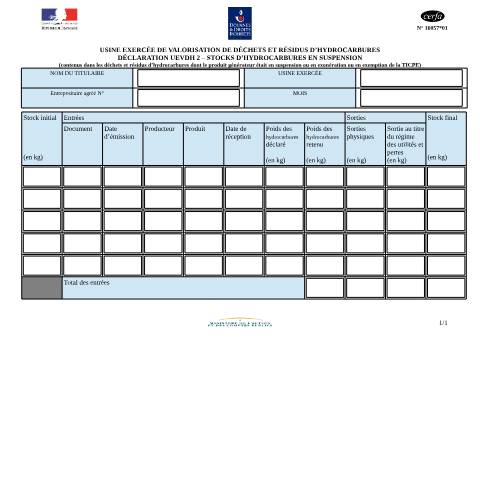 Aperçu du document Usine exercée de valorisation des déchets et résidus d'hydrocarbures - Déclaration UEVDH-2 - Stocks d'hydrocarbures en suspension — Professionnels, France (CERFA n°16057*01)