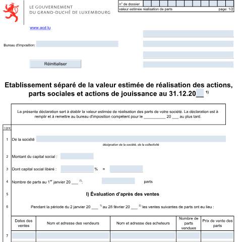 Aperçu du document Etablissement séparé de la valeur estimée de réalisation des actions, parts sociales et actions de jouissance — Impôt sur la fortune, Luxembourg (CERFA n°Fort.Val. F)
