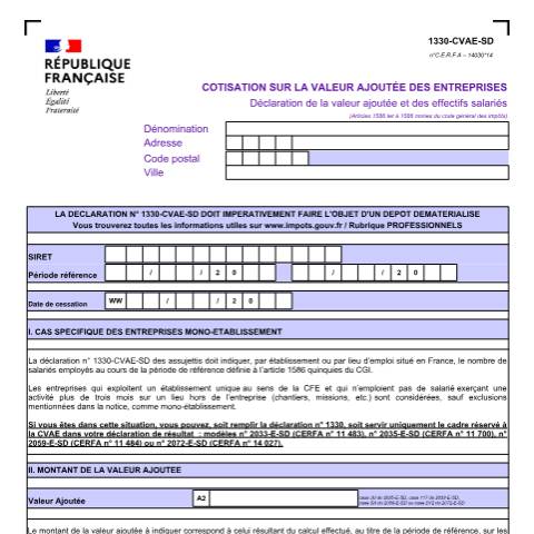 Aperçu du document Déclaration de la valeur ajoutée et des effectifs salariés - formulaire n°1330-CVAE-SD — Professionnels, France (CERFA n°14030*14)