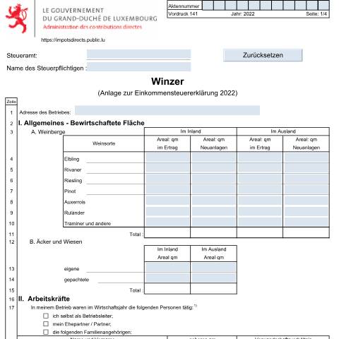 Aperçu du document Anlage: "Winzer" — Annexes et bonifications d'impôt, Luxembourg (CERFA n°141)