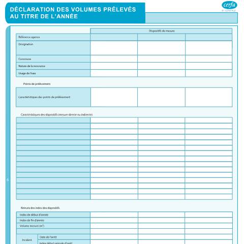 Aperçu du document Déclaration des volumes prélevés au titre de l'année – complément à l’usage irrigation — Professionnels, France (CERFA n°13744*07)