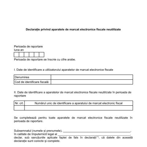 Document preview: Declarație privind aparatele de marcat electronice fiscale neutilizate (OPANAF 627/2018) — Alte declarații, România (CERFA n°AP_OMFP_627_2018)