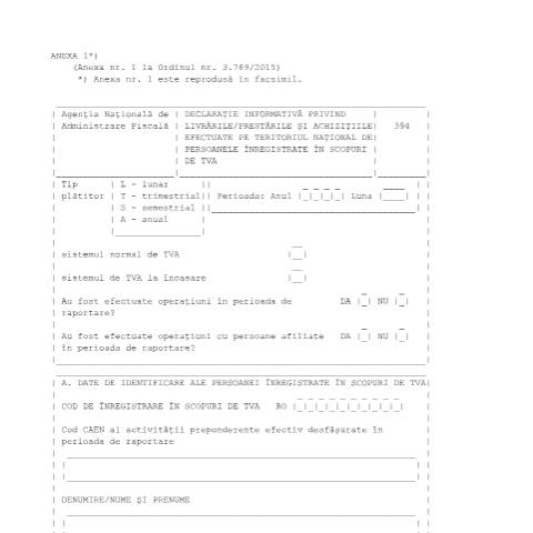Document preview: Declarație informativă privind livrările/prestările și achizițiile efectuate pe teritoriul național de persoanele înregistrate în scopuri de TVA (OPANAF 77/2022) — Declarații informative, România (CERFA n°394_OPANAF_77_2022)