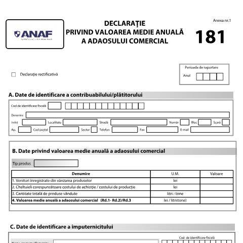 Document preview: Declarație privind valoarea medie anuală a adaosului comercial (OPANAF 412/2026) — Declarații informative, România (CERFA n°181_OPANAF_412_2026)