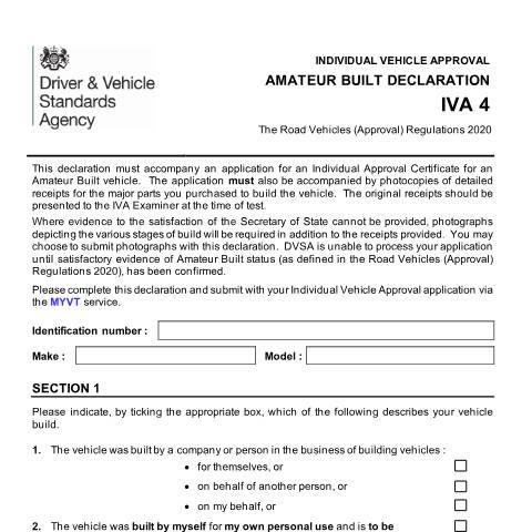 Document preview: Declare amateur-built vehicles for Individual Vehicle Approval (IVA) — Driver and Vehicle Standards Agency, United Kingdom