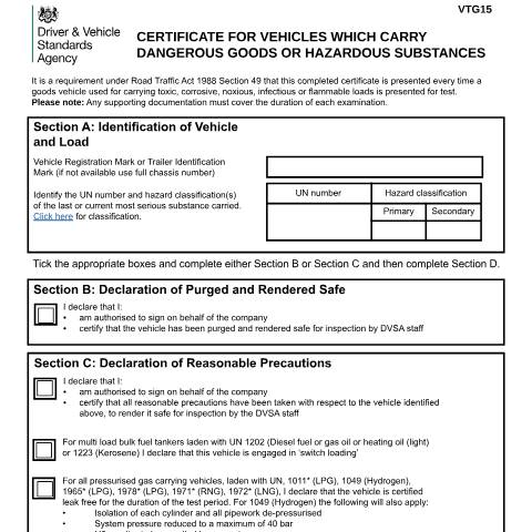 Document preview: Declare a dangerous goods (ADR) vehicle is safe to be tested — Driver and Vehicle Standards Agency, United Kingdom