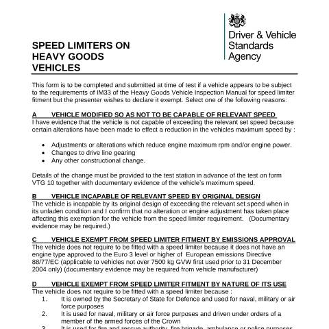 Document preview: Declare an HGV does not need a speed limiter — Driver and Vehicle Standards Agency, United Kingdom