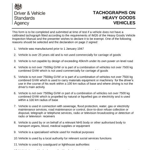 Document preview: Declare an HGV does not need a tachograph — Driver and Vehicle Standards Agency, United Kingdom